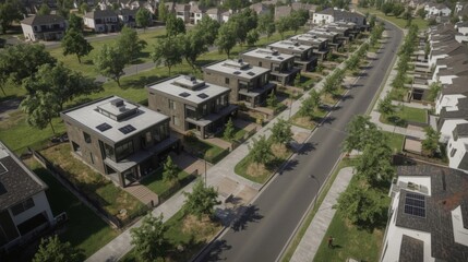 Fototapeta premium Aerial View of Contemporary Eco Friendly Homes in a Planned Residential Community