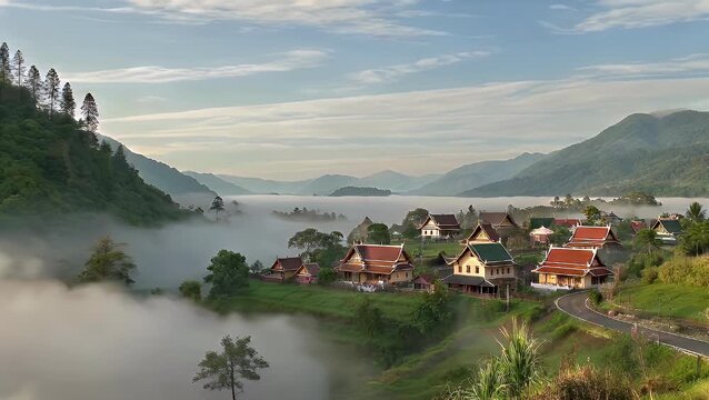 An extensive early day perspective of an ocean of fog shifting across the gorge high above a tiny hamlet in a secluded countryside location