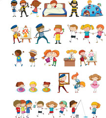 Fototapeta premium Colorful collection of diverse children engaged in various fun daily activities as a digital vector illustration