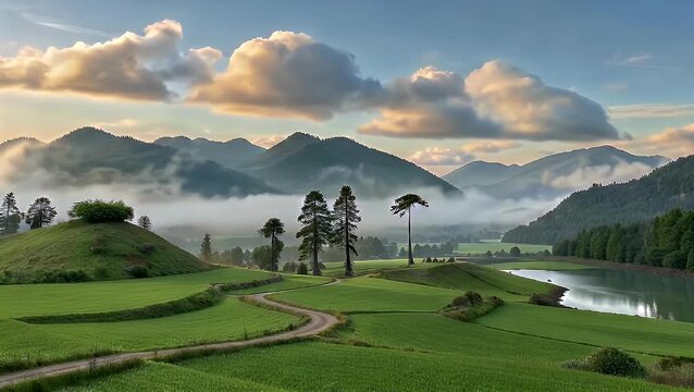 Expansive Scenic Vista of Undulating Meadows and Majestic Mountain Ranges During the Summer Season