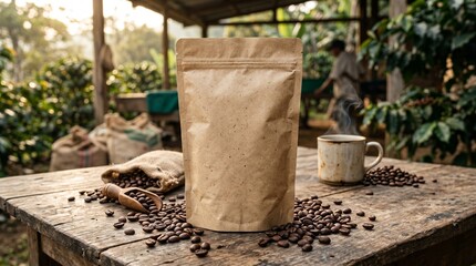 Naklejka premium Blank Kraft Paper Coffee Bag Mockup on Wooden Table with Roasted Beans