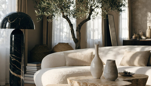 Luxury japandi living room interior with white boucle sofa organic raw stone coffee tables black marble mushroom floor lamp large olive tree decorative white ceramic vases warm natural sunlight 3d ren