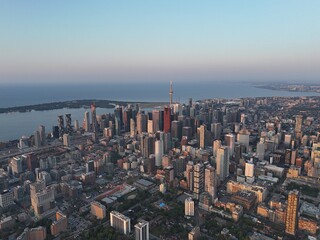 Fototapeta premium Aerial cityscape of Toronto downtown and waterfront at sunrise dusk and dawn. g.