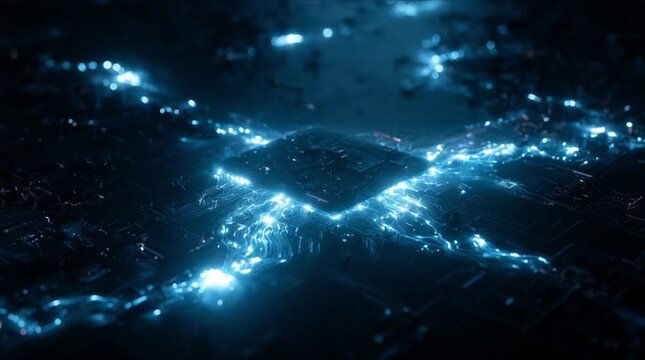 Quantum circuit energy pulsation and luminous data path in high-tech processor (AI Generated)