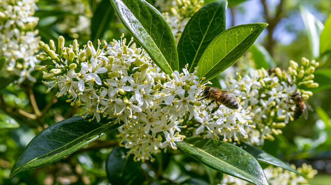 privet. Dense privet shrub blooming with tiny white flowers, bees collecting nectar. gardening catalogs, home-decor guides, designed for gardening and botanical catalogs, enhances decor appeal.