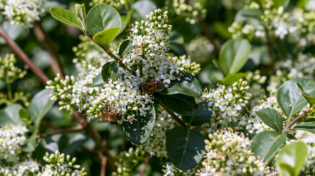 privet. Dense privet shrub blooming with tiny white flowers, bees collecting nectar. gardening catalogs, home-decor guides, designed for gardening and botanical catalogs, enhances decor appeal.