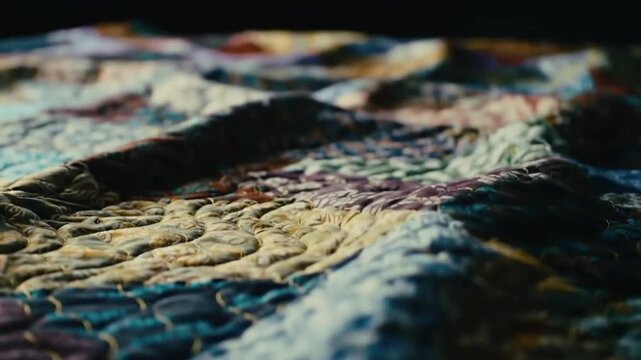 Close-up of a textured, colorful patchwork quilt with intricate stitching and soft lighting.