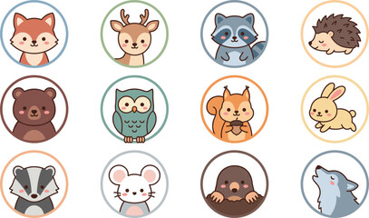 Obraz premium Cute Woodland Animal Avatar Icon Set featuring Kawaii Forest Creatures in Circles for Children Profiles, Mobile App Badges, Stickers, and Educational Graphic Designs