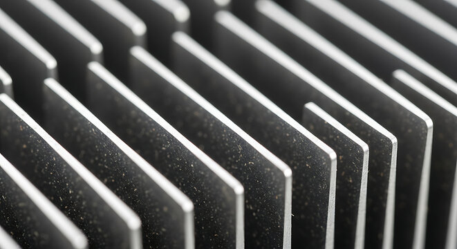 Abstract macro background of metallic silver cooling fins heatsink surface