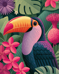 Obraz premium Tropical toucan among bright flowers