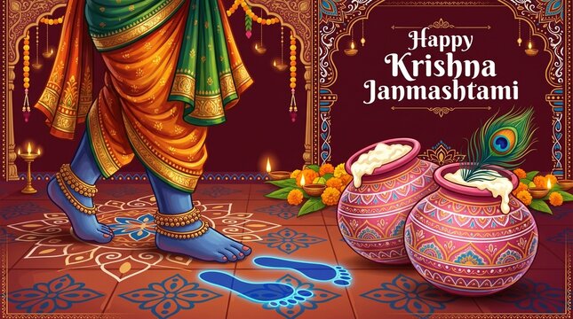 Playing Toddler Krishna dahi handi celebration in Happy Janmashtami festival of India