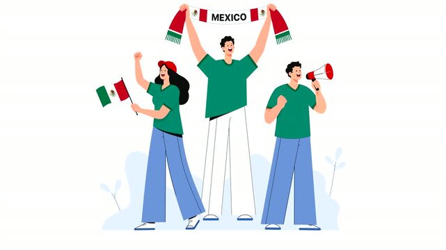 Editorial vector animation of Mexico football supporters celebrating victory with flags, scarves, and cheers. Modern flat character motion graphics for soccer, sports events, and Mexican fan culture.
