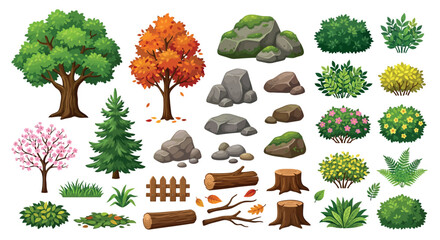 Forest Elements Vector Illustration With Trees Rocks And Bushes © PROMA