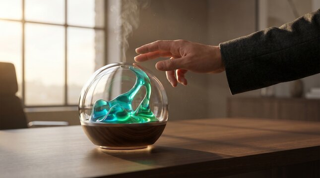 Hand reaching for glass bowl with glowing blue liquid on table