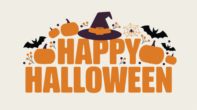 Happy Halloween text with pumpkins bats and witch hat decoration