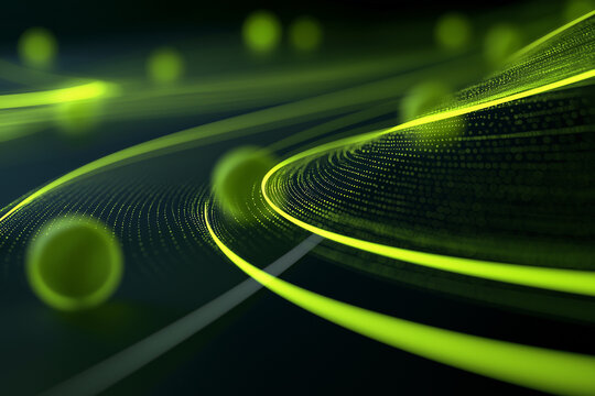 Abstract green glowing lines and spheres create a dynamic visual representation of data flow or a digital network.