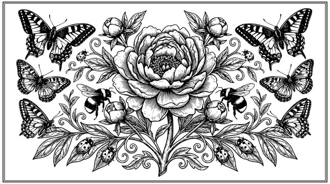 peony flower, butterfly illustration, bee and flower, floral composition, black and white peony, ladybug art, garden flowers, pollinators, detailed floral engraving, hand drawn outline engraving vecto