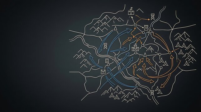 Hand drawn tactical battle strategy map with arrows on dark background