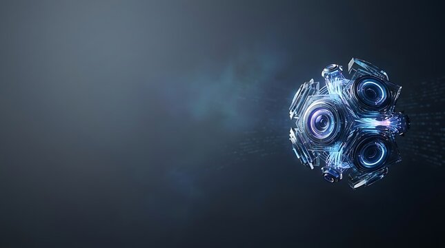 Futuristic spherical multi lens camera with glowing blue lights