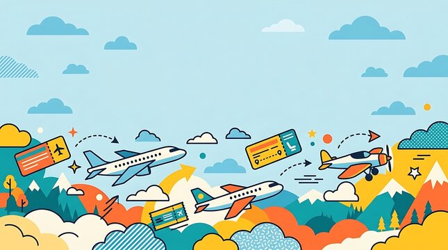 Airplanes flying through clouds with flight tickets in a blue sky