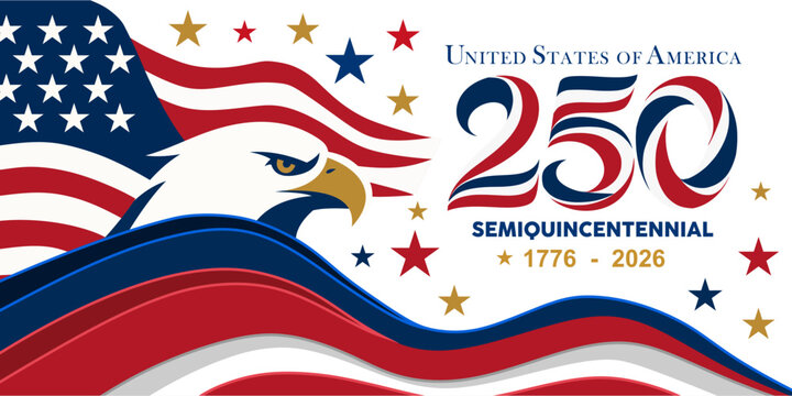 USA 250 years semiquincentennial horizontal banner template. Features an iconic bald eagle mascot, waving American flag graphics and custom ribbon 250 typography.