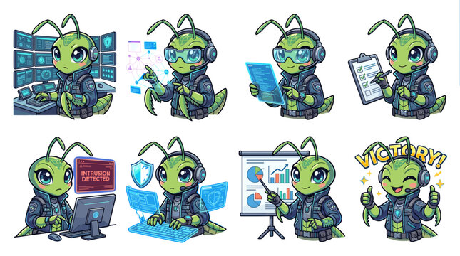 A collection of eight cute green alien characters in various tech-related scenarios, showcasing cybersecurity and business activities.