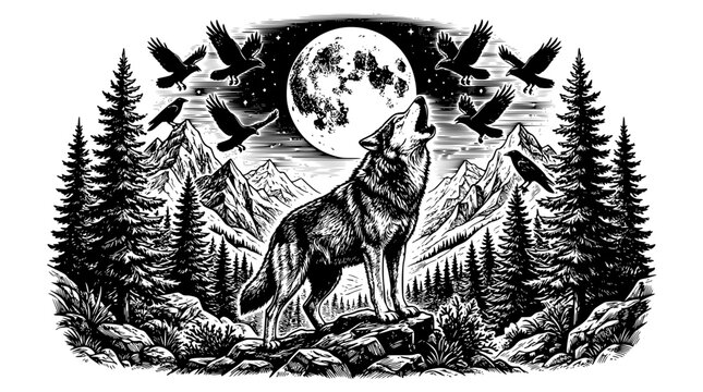 howling wolf, wolf illustration, ravens birds, full moon art, mountain forest, night wildlife, black and white wolf, starry sky, wilderness scene, animal engraving, hand drawn outline engraving vector