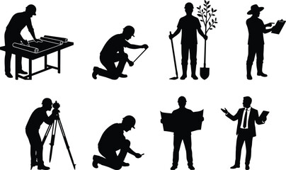Fototapeta premium Engineering and Construction Worker Silhouette Illustrations Featuring Surveying, Planning and Technical Project Activities