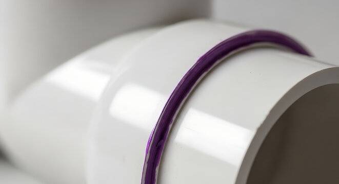 Macro detail of a purple ring gasket on a white pvc pipe fitting with plumbing