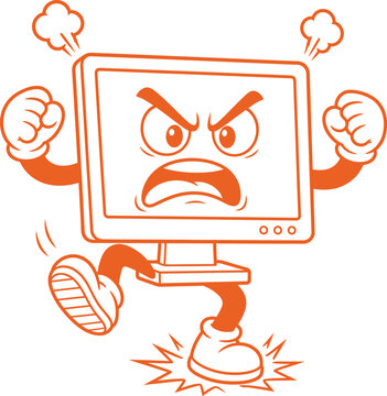 Angry computer monitor with fists and feet illustration on transparent background