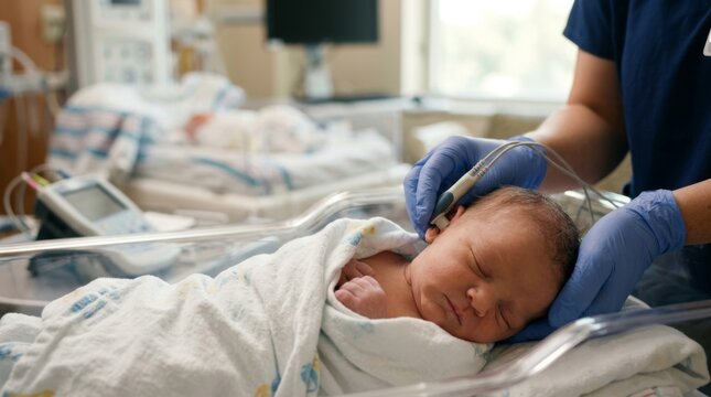 Newborn baby receiving hearing screening test in a hospital nursery from a healthcare professional