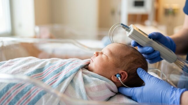 Newborn baby receiving hearing screening test in a hospital nursery from a healthcare professional