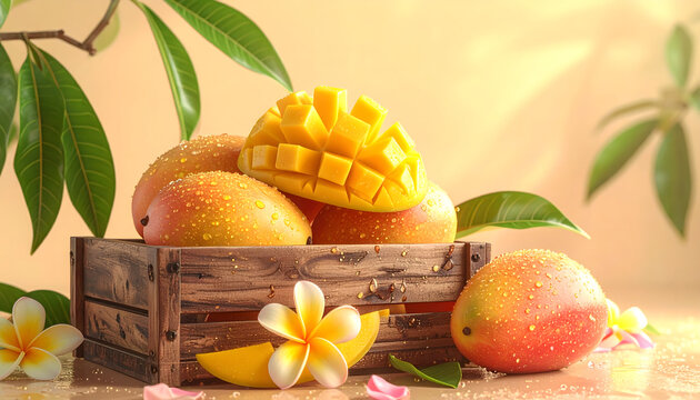 Ripe mangoes with glistening droplets arranged in a rustic crate, highlighted by a carved mango centerpiece and warm tropical light that enhances freshness and texture.