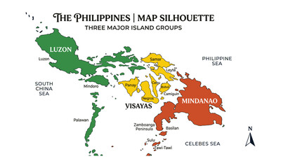 Fototapeta premium Colorful vector map silhouette of the Philippines highlighting three major island groups, Luzon, Visayas, Mindanao, with detailed sea border labels.