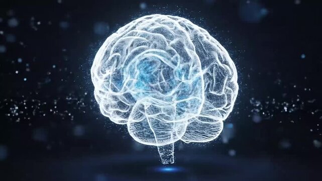 Human brain glowing with neural network data particles