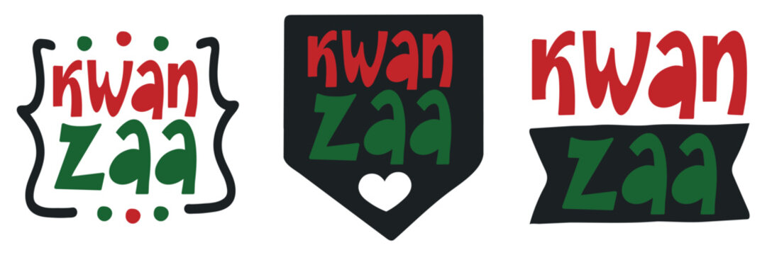 Kwanzaa Holiday Typography Sticker and Badge Set Featuring Festive Red and Green Lettering with Heart and Bracket Elements Isolated on White Background