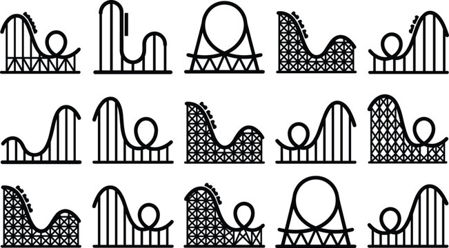 Set of roller coaster icons and amusement park ride symbols in outline style