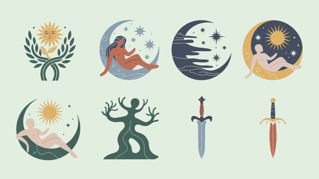 Harmonious set of mystical celestial and earthy symbols including sun moon and swords