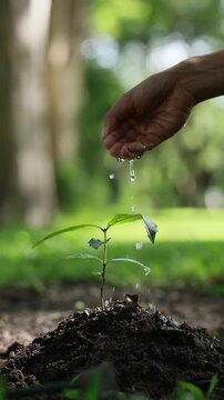 Close-up of a human hand gently watering a young green seedling growing in fertile soil. Environmental conservation, sustainability, eco-friendly lifestyle, tree planting, agriculture, and new life co