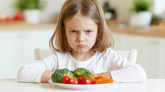 A young girl sits at a table with a plate of vegetables, looking upset and frustrated about eating the healthy food.
