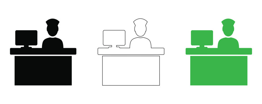 Office worker at desk with computer icon set, black white and green vector