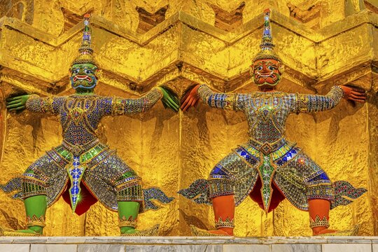 The Grand Royal Palace, Wat Phra Kaeo Buddhist Temple, the Golden Chedi, Pra Sri Rattana Chedi, guarded by Yakshas, Phra Nakhon, Bangkok, Thailand's metropolis, Thailand