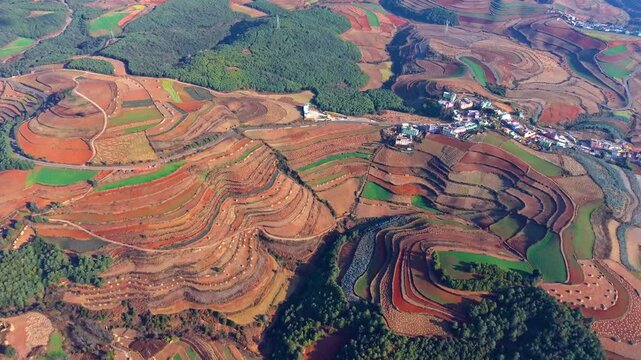 Aerial view of the red land in Dongchuan, Yunnan Province