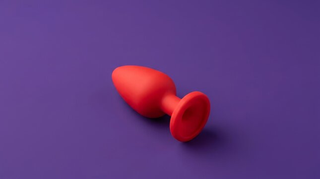 Red silicone butt plug isolated on a vibrant purple background. Adult sex toy for pleasure and intimacy with copy space.