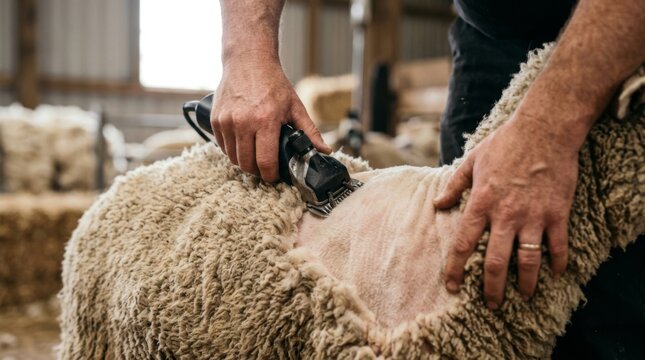 Farmer shearing wool from a sheep with electric clippers in a rustic shed