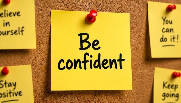 Bright yellow sticky note with "Be confident" message pinned to a corkboard surrounded by motivational notes