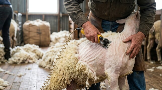 Farmer shearing wool from a sheep with electric clippers in a rustic shed
