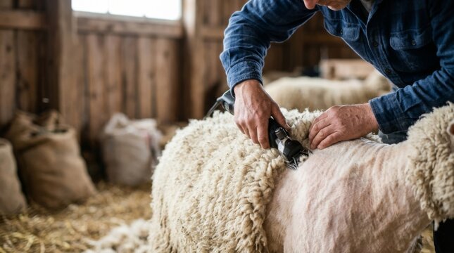 Farmer shearing wool from a sheep with electric clippers in a rustic shed