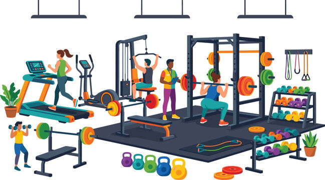 Fitness Gym Interior Layout Vector Illustration featuring People Exercising on Treadmill, Squat Rack, Weight Bench, and Lat Pulldown Machine for Workout Graphic Designs
