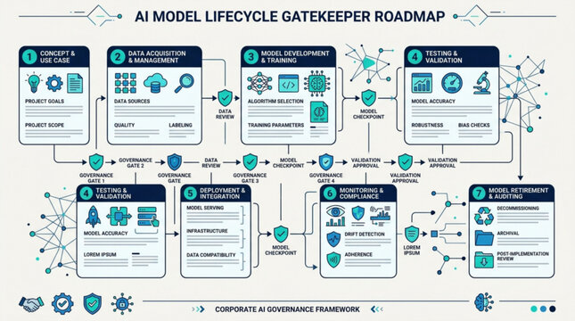 AI Model Lifecycle Gatekeeper Roadmap Infographic for Corporate AI Governance Framework Vector Illustration